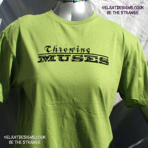Throwing Muses, Classic logo "University" available in a range of colours, every shirt sold supports Kristin Hersh Studio Time. hand printed by ElRat Designs - elratdesigns.co.uk