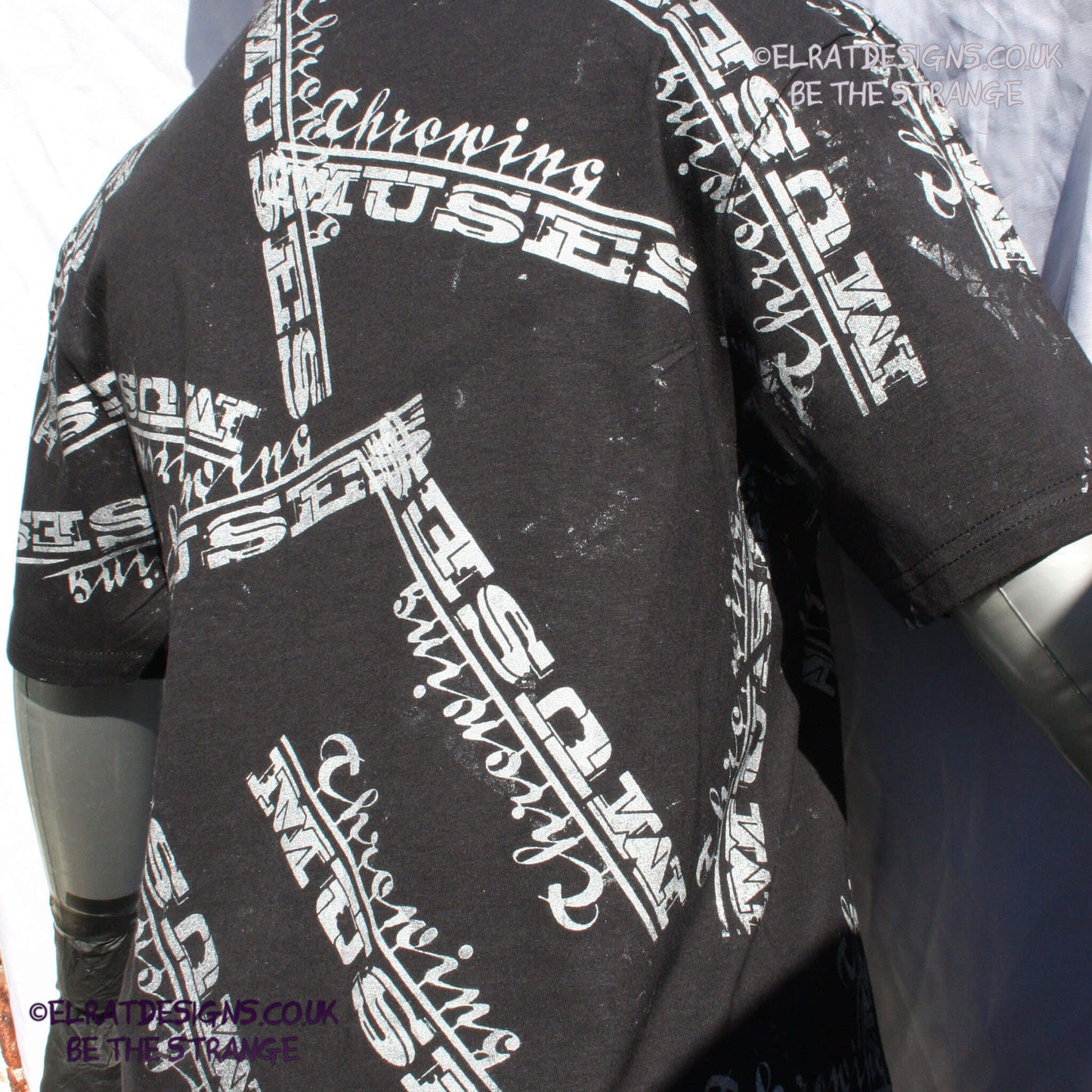 Throwing Muses university messy print, imperfect, human art shirt T-Shirt. Black with white ink - and printed by ElRat Designs just you - elratdesigns.co.uk