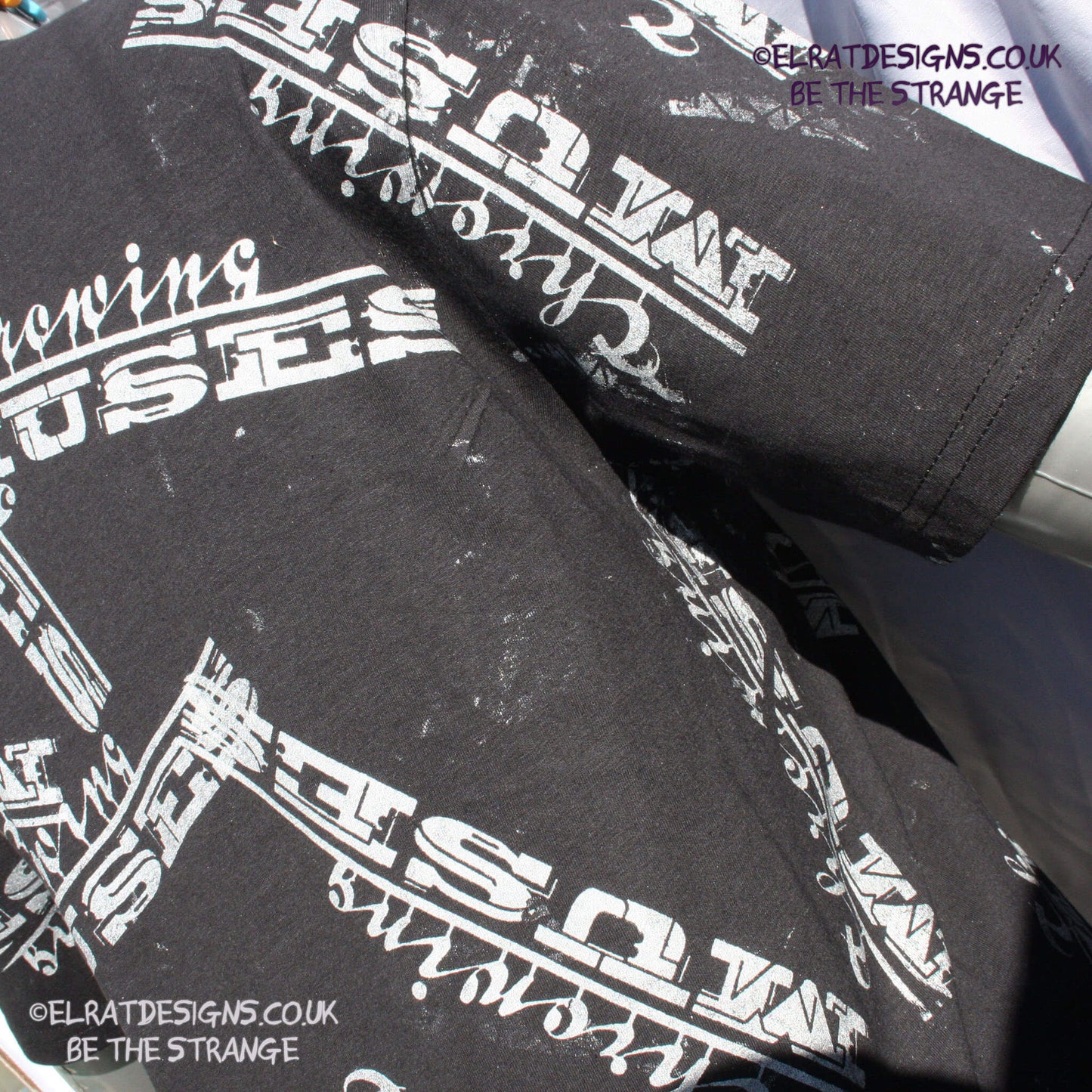 Throwing Muses university messy print, imperfect, human art shirt T-Shirt. Black with white ink - and printed by ElRat Designs just you - elratdesigns.co.uk