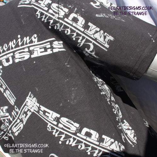 Throwing Muses university messy print, imperfect, human art shirt T-Shirt. Black with white ink - and printed by ElRat Designs just you - elratdesigns.co.uk