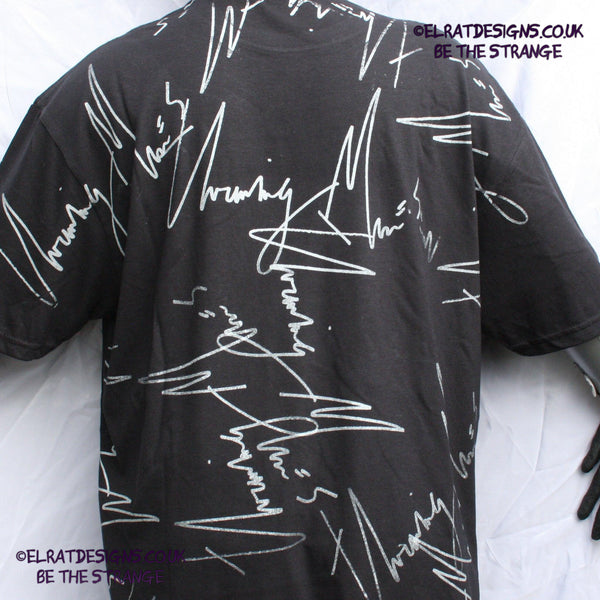 ElRat Throwing Muses 2024 handwritten by Kristin Hersh, One-of-a-Kind Messy Print, Imperfect art shirt. Hand printed, by me, Just for you. Only at ElRat Designs. elratdesigns.co.uk