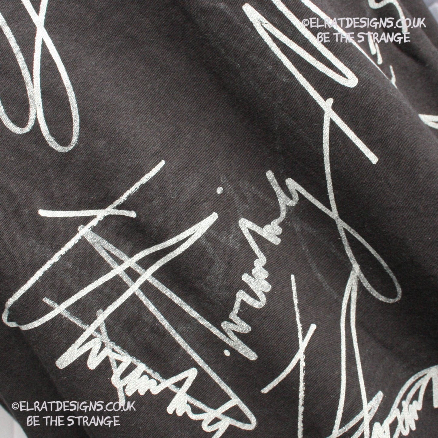 ElRat Throwing Muses 2024 handwritten by Kristin Hersh, One-of-a-Kind Messy Print, Imperfect art shirt. Hand printed, by me, Just for you. Only at ElRat Designs. elratdesigns.co.uk