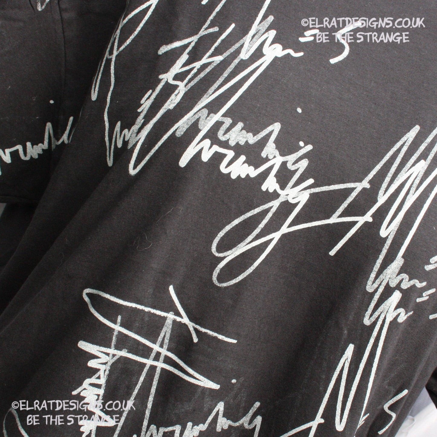 ElRat Throwing Muses 2024 handwritten by Kristin Hersh, One-of-a-Kind Messy Print, Imperfect art shirt. Hand printed, by me, Just for you. Only at ElRat Designs. elratdesigns.co.uk