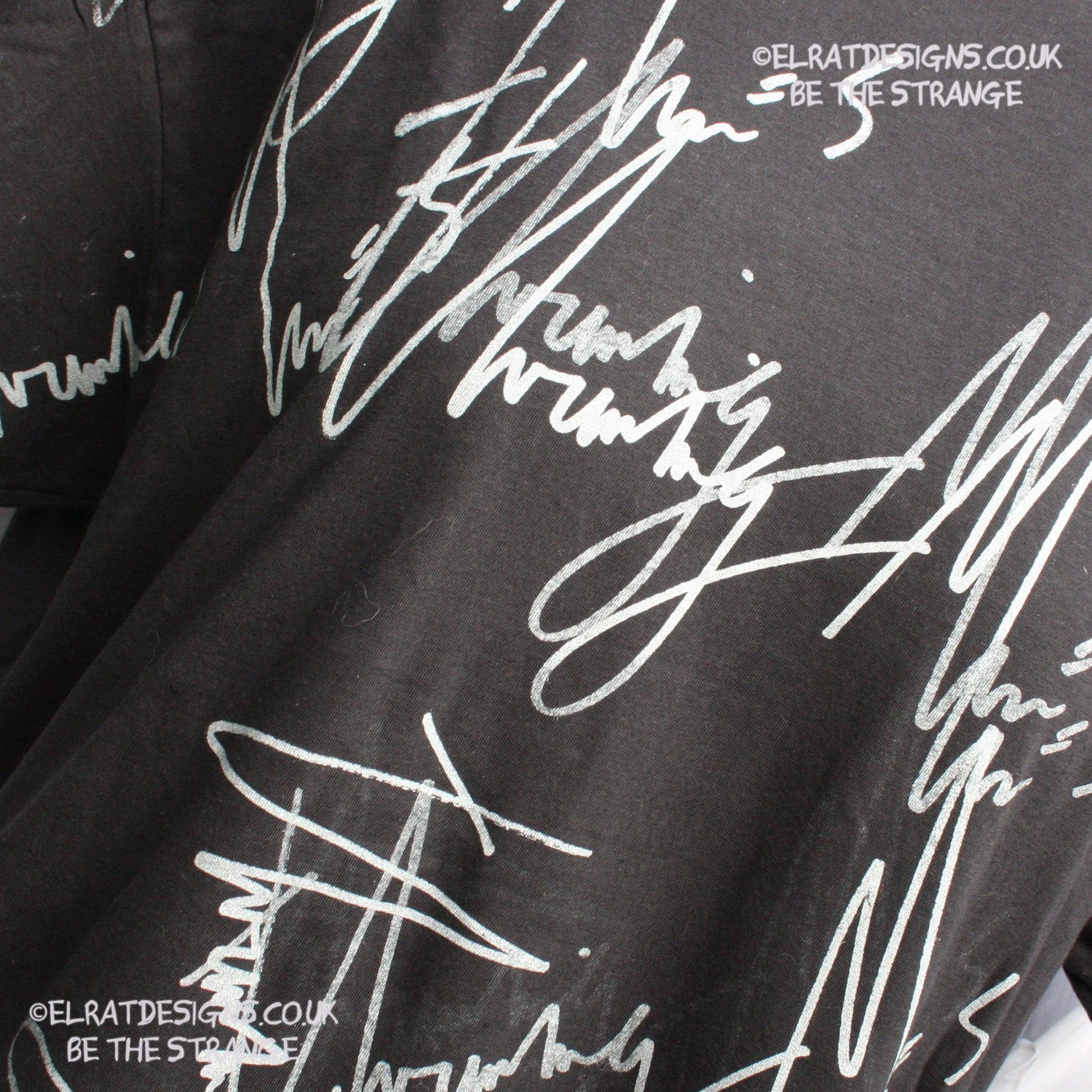 ElRat Throwing Muses 2024 handwritten by Kristin Hersh, One-of-a-Kind Messy Print, Imperfect art shirt. Hand printed, by me, Just for you. Only at ElRat Designs. elratdesigns.co.uk