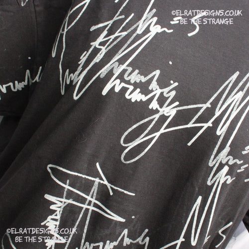 ElRat Throwing Muses 2024 handwritten by Kristin Hersh, One-of-a-Kind Messy Print, Imperfect art shirt. Hand printed, by me, Just for you. Only at ElRat Designs. elratdesigns.co.uk