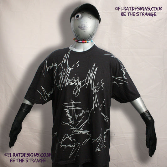 ElRat Throwing Muses 2024 handwritten by Kristin Hersh, One-of-a-Kind Messy Print, Imperfect art shirt. Hand printed, by me, Just for you. Only at ElRat Designs. elratdesigns.co.uk