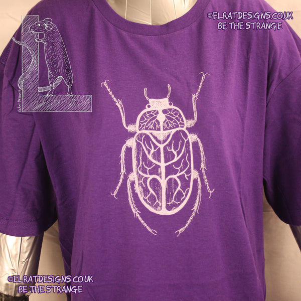 ElRat - Vine Beetle, hand drawn bug art purple and white T-shirt, by ElRat designs - hero - elratdesigns.co.uk