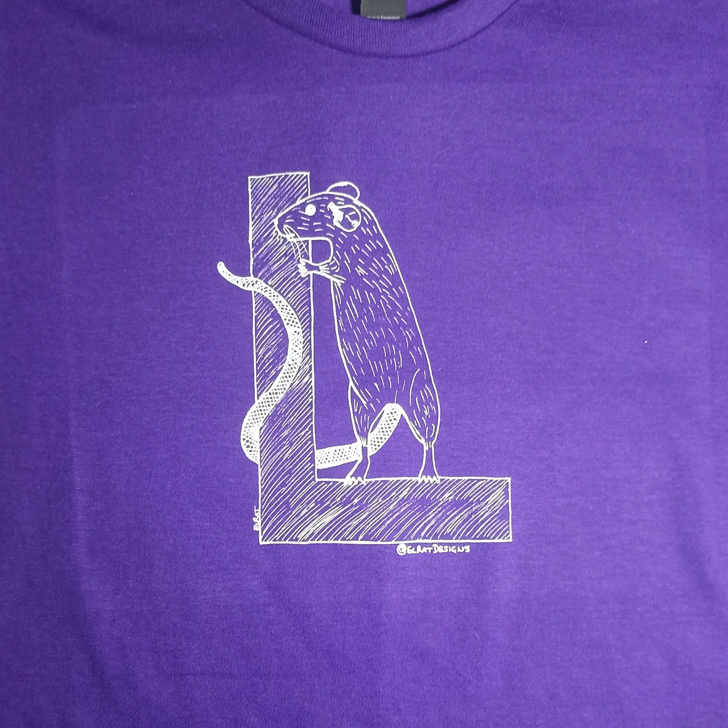 ElRat Designs logo in white on a black gildan t-shirt