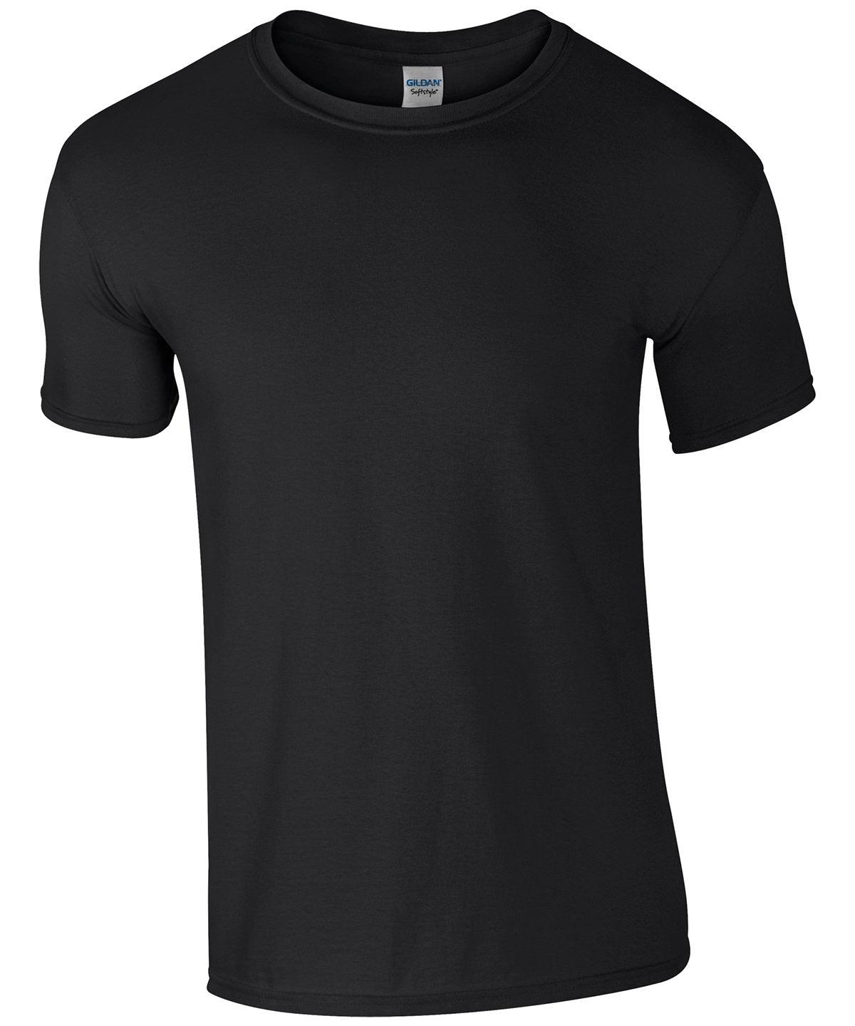 Blank Gildan Softstyle black T-shirt, 100% cotton fabric, showcasing a classic, comfortable fit for custom prints or personal designs. (gd001_black_ft2)