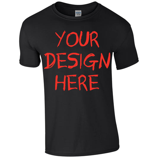 Black t-shirt with red text 'YOUR DESIGN HERE' on a white background, custom