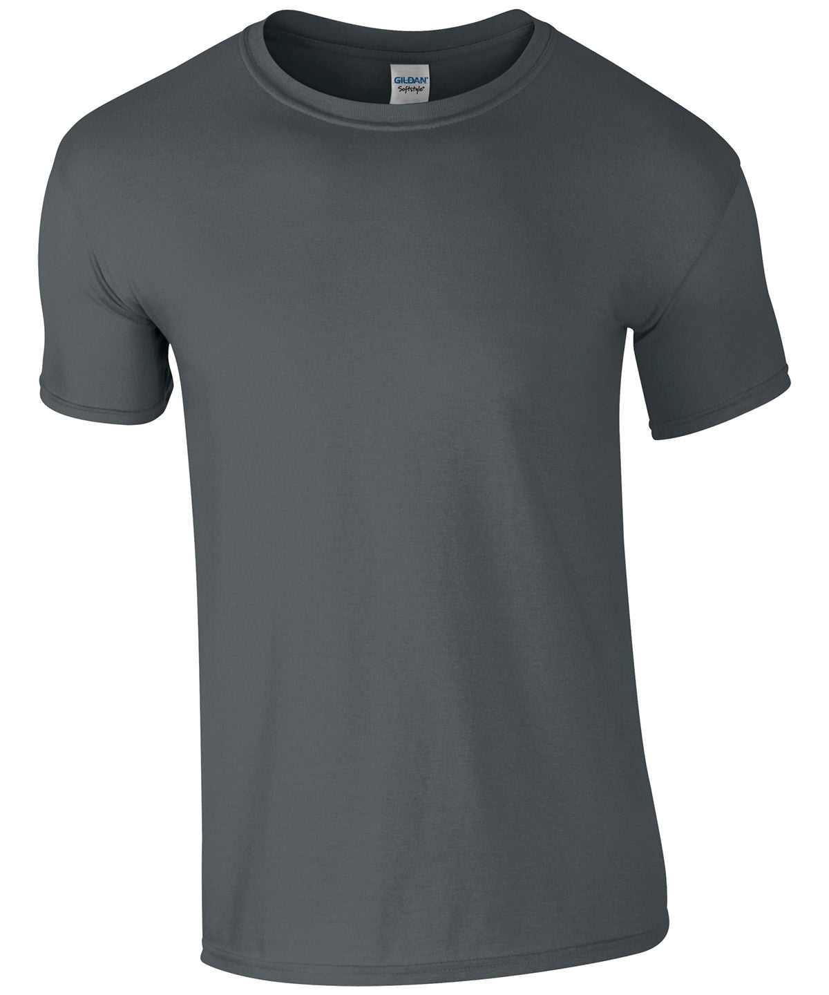 Blank Gildan Softstyle charcoal T-shirt, 100% cotton fabric, showcasing a classic, comfortable fit for custom prints or personal designs. (gd001_charcoal_ft2)