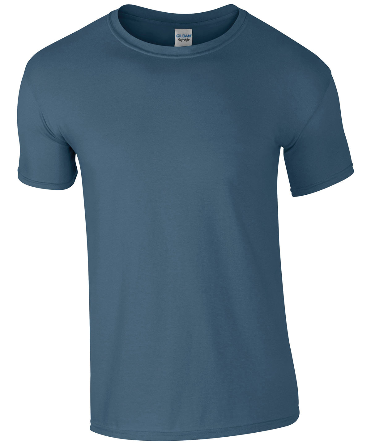 Blank Gildan Softstyle indigo T-shirt, 100% cotton fabric, showcasing a classic, comfortable fit for custom prints or personal designs. (gd001_indigoblue_ft)