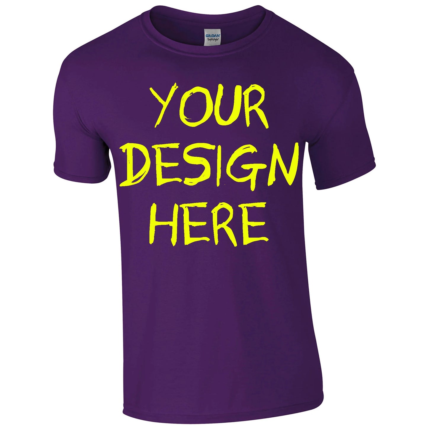 Purple t-shirt with 'Your Design Here' text in yellow on a white background, custom