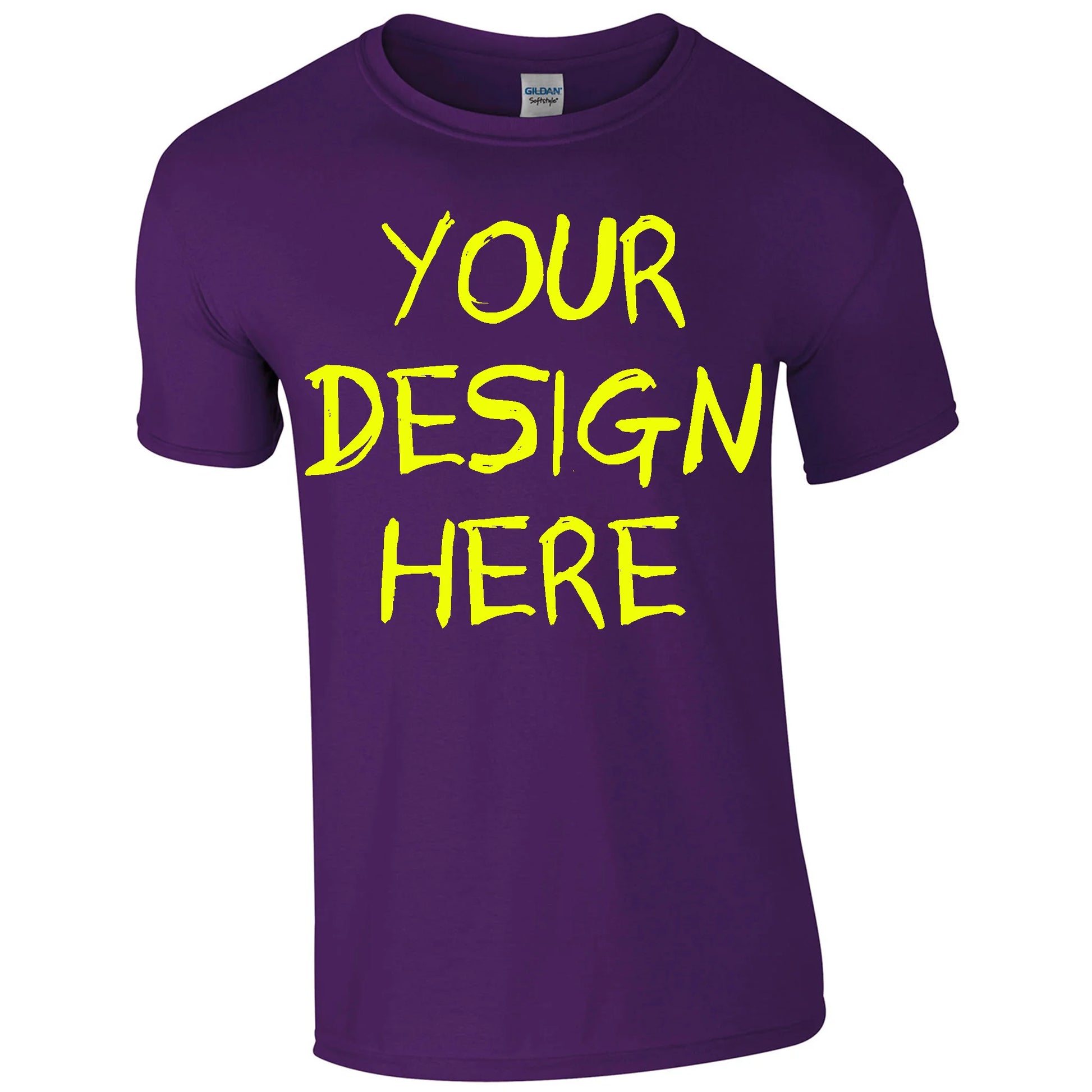 Purple t-shirt with 'Your Design Here' text in yellow on a white background, custom