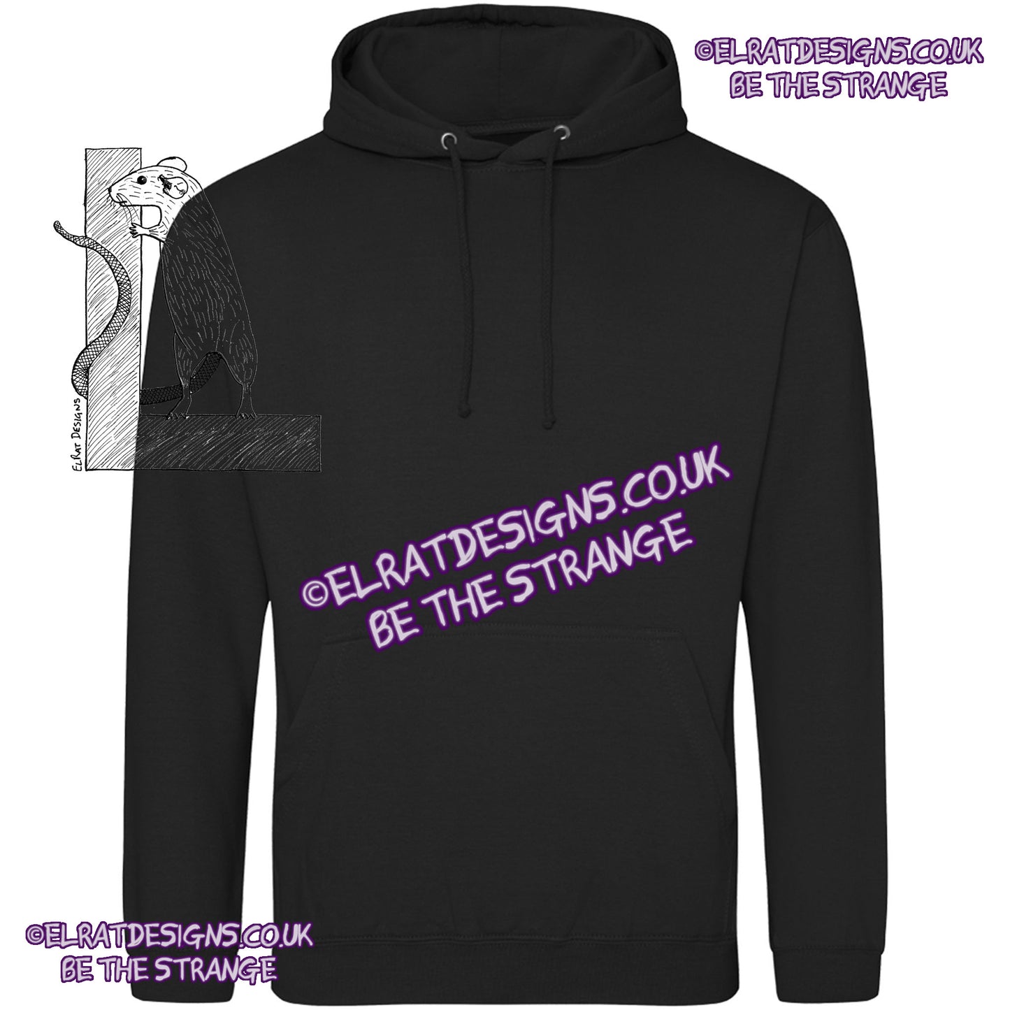 JH001 Front view of AWDis College hoodie, deep black, printed with the design of your choice. From ElRat Designs