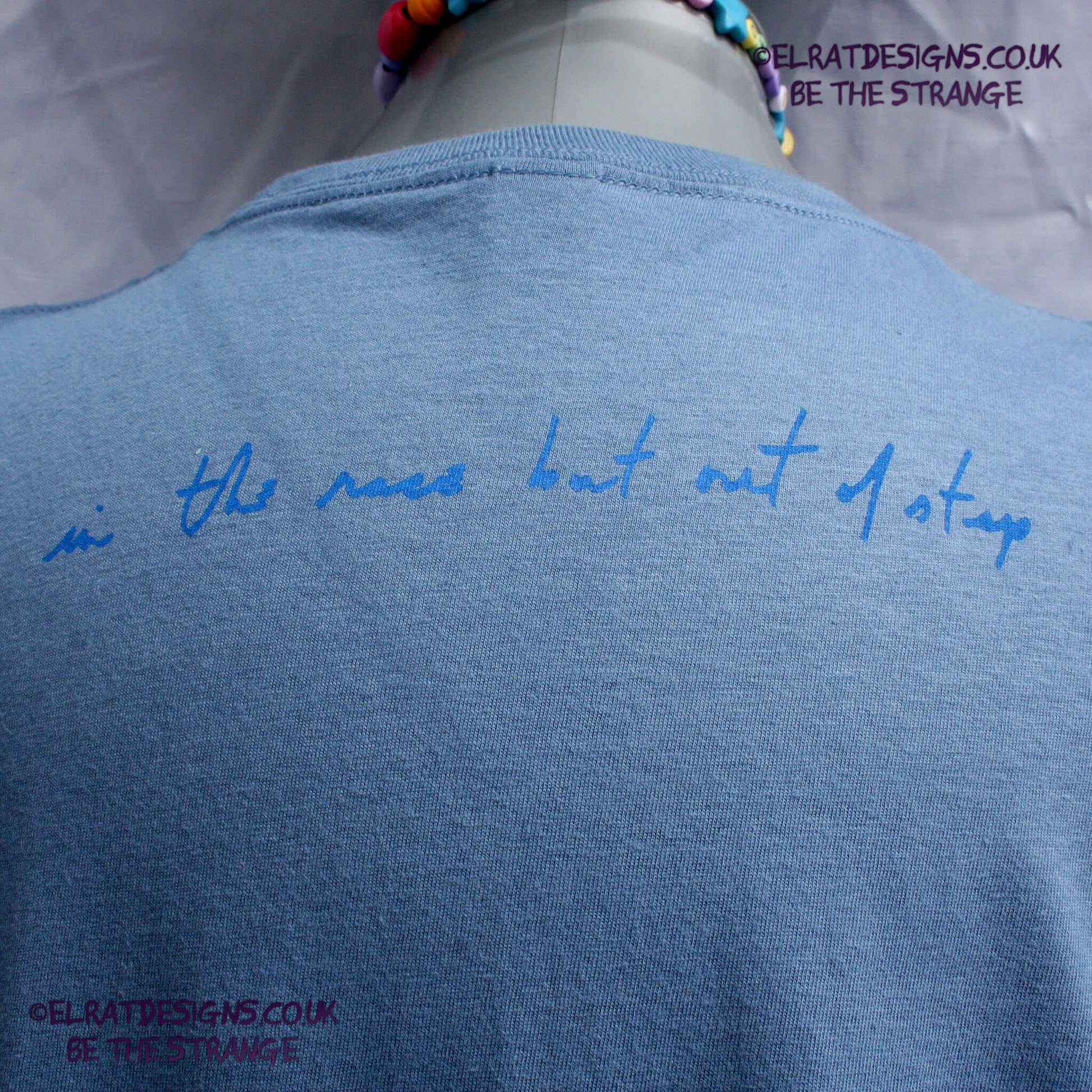 Kristin Hersh, Heaven, lyric shirt KH logo front pocket area, back print "in the race but out of step" handwritten by Kristin Hersh,  written exclusively for ElRat designs - hero - elratdesigns.co.uk