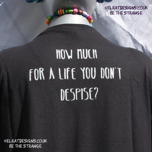 Kristin Hersh, Silver Sun, ElRat hand drawn Spiral sun printed in Silver, Back Print "How much for a life you don't despise?". hand pulled screen print with eco friendly water based ink. only from elratdesigns.co.uk