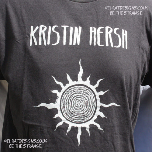 Kristin Hersh, Silver Sun, ElRat hand drawn Spiral sun printed in Silver, Back Print "How much for a life you don't despise?". hand pulled screen print with eco friendly water based ink. only from elratdesigns.co.uk