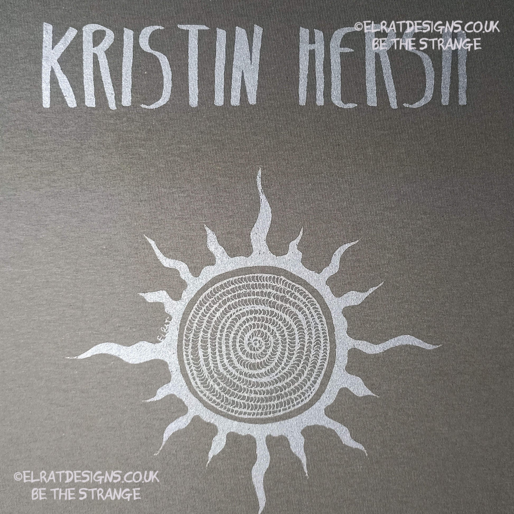 Kristin Hersh, Silver Sun, ElRat hand drawn Spiral sun printed in Silver, Back Print "How much for a life you don't despise?". hand pulled screen print with eco friendly water based ink. only from elratdesigns.co.uk
