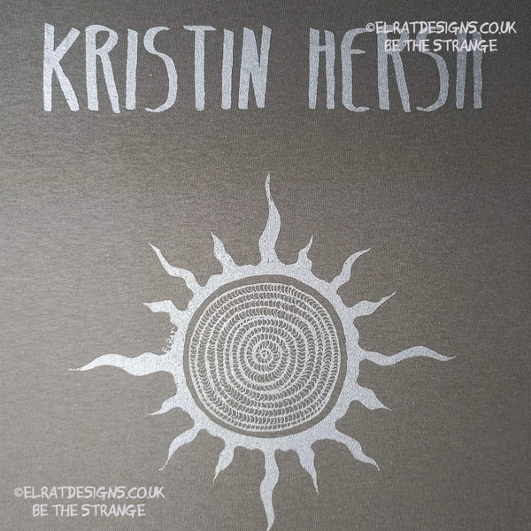 Kristin Hersh, Silver Sun, ElRat hand drawn Spiral sun printed in Silver, Back Print "How much for a life you don't despise?". hand pulled screen print with eco friendly water based ink. only from elratdesigns.co.uk - hero