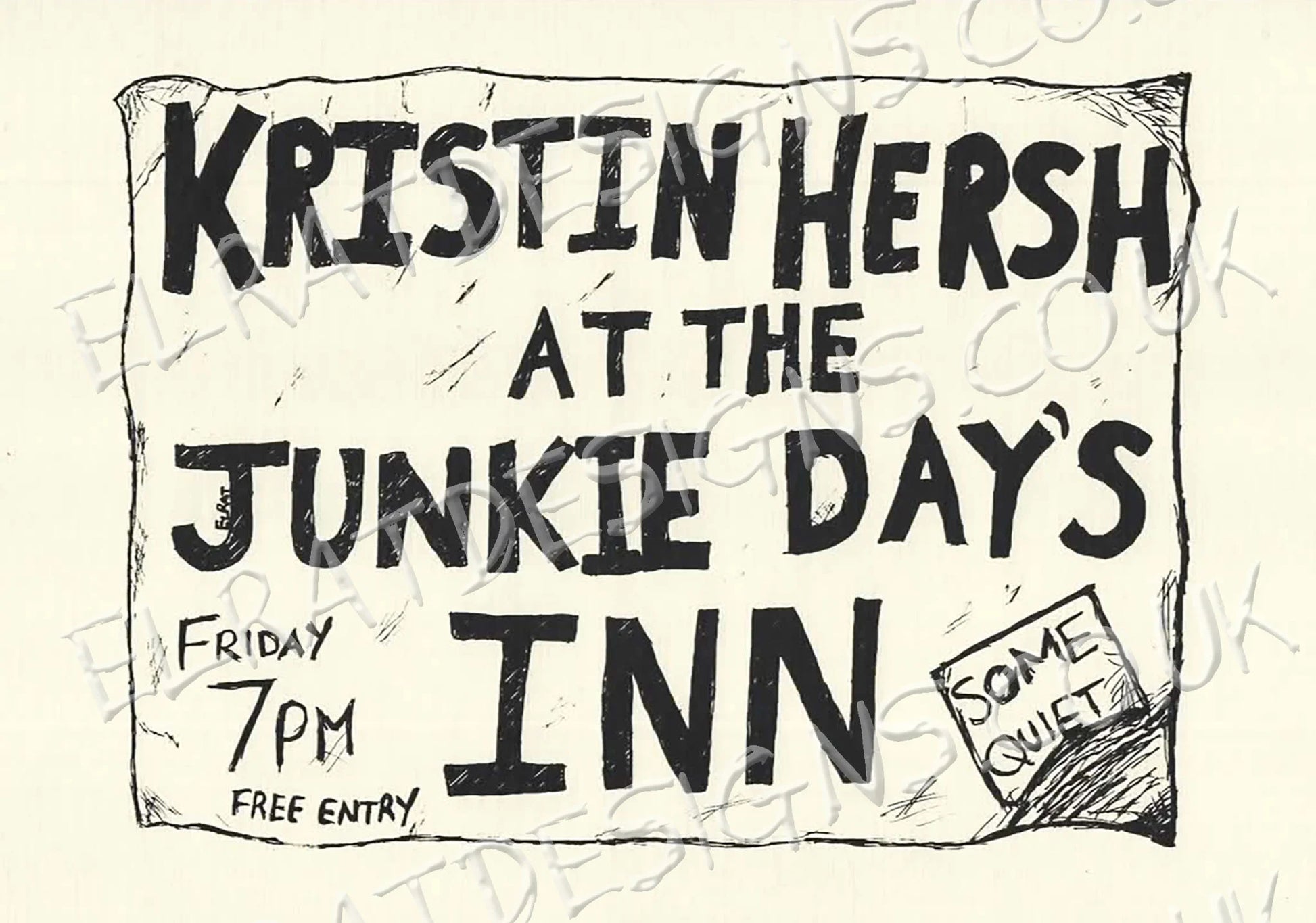Hand-drawn screen printed original art print, Kristin Hersh at The Junkie Day's Inn. front