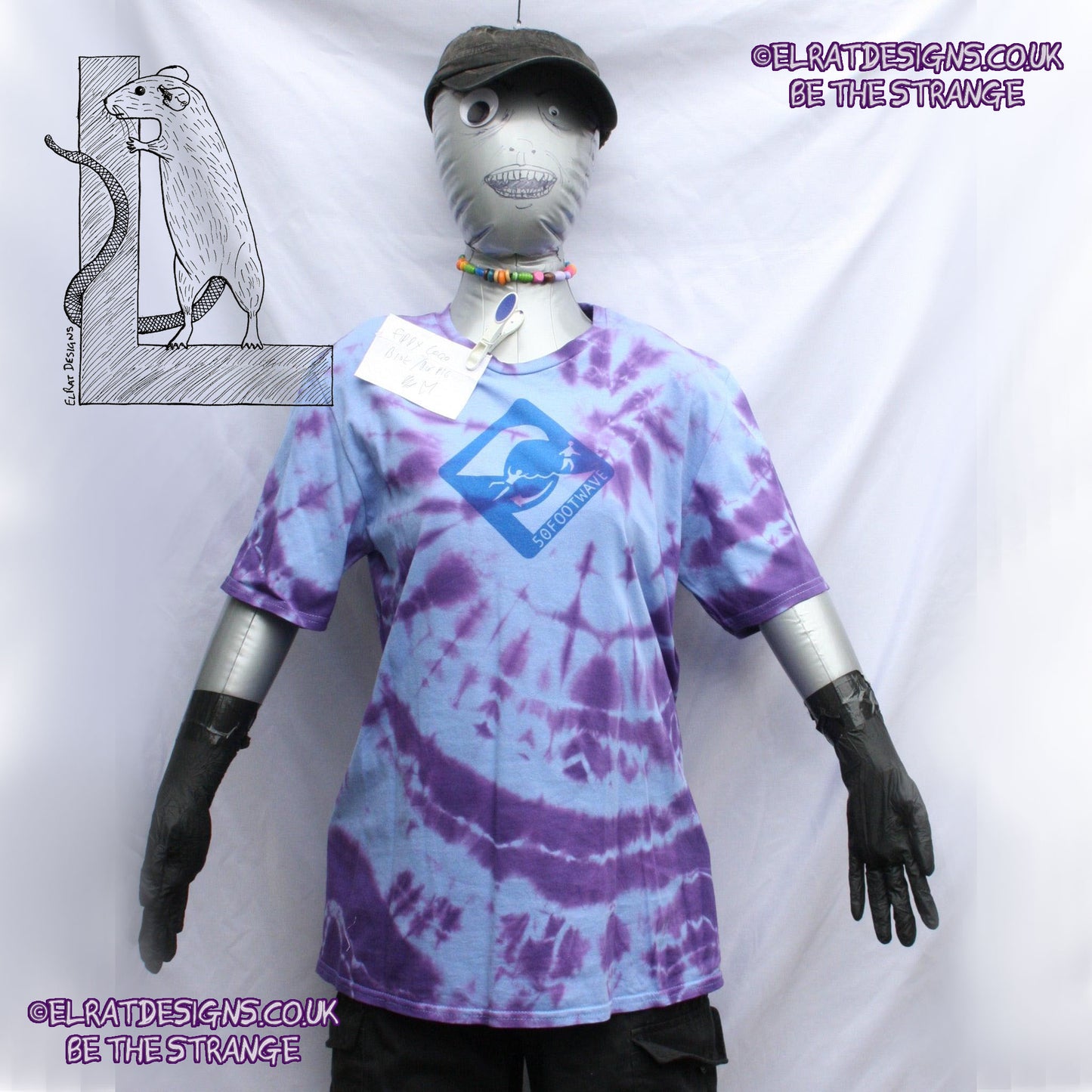 Misprint, 50 foot wave logo - ONE OFF Blue/Purple Tie - Dye cotton T-Shirt- MEDIUM #1 - ElRat Designs - elratdesigns.co.uk
