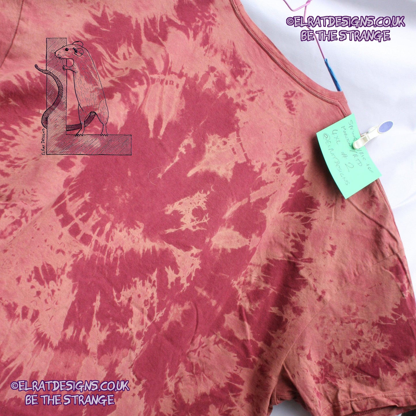 Misprint, Kristin Hersh Spring T-Shirt - ONE OFF Maroon Reverse Tie cotton T-Shirt- 4XLarge #2 - ElRat Designs - elratdesigns.co.uk