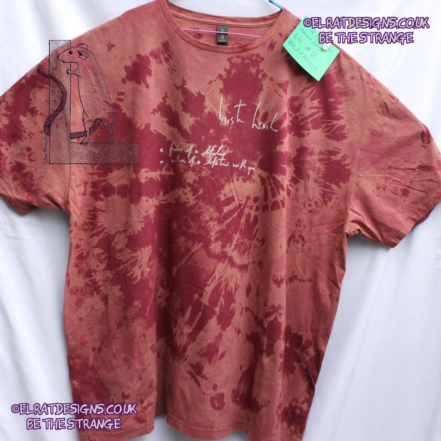 Misprint, Kristin Hersh Spring T-Shirt - ONE OFF Maroon Reverse Tie cotton T-Shirt- 4XLarge #2 - ElRat Designs - elratdesigns.co.uk