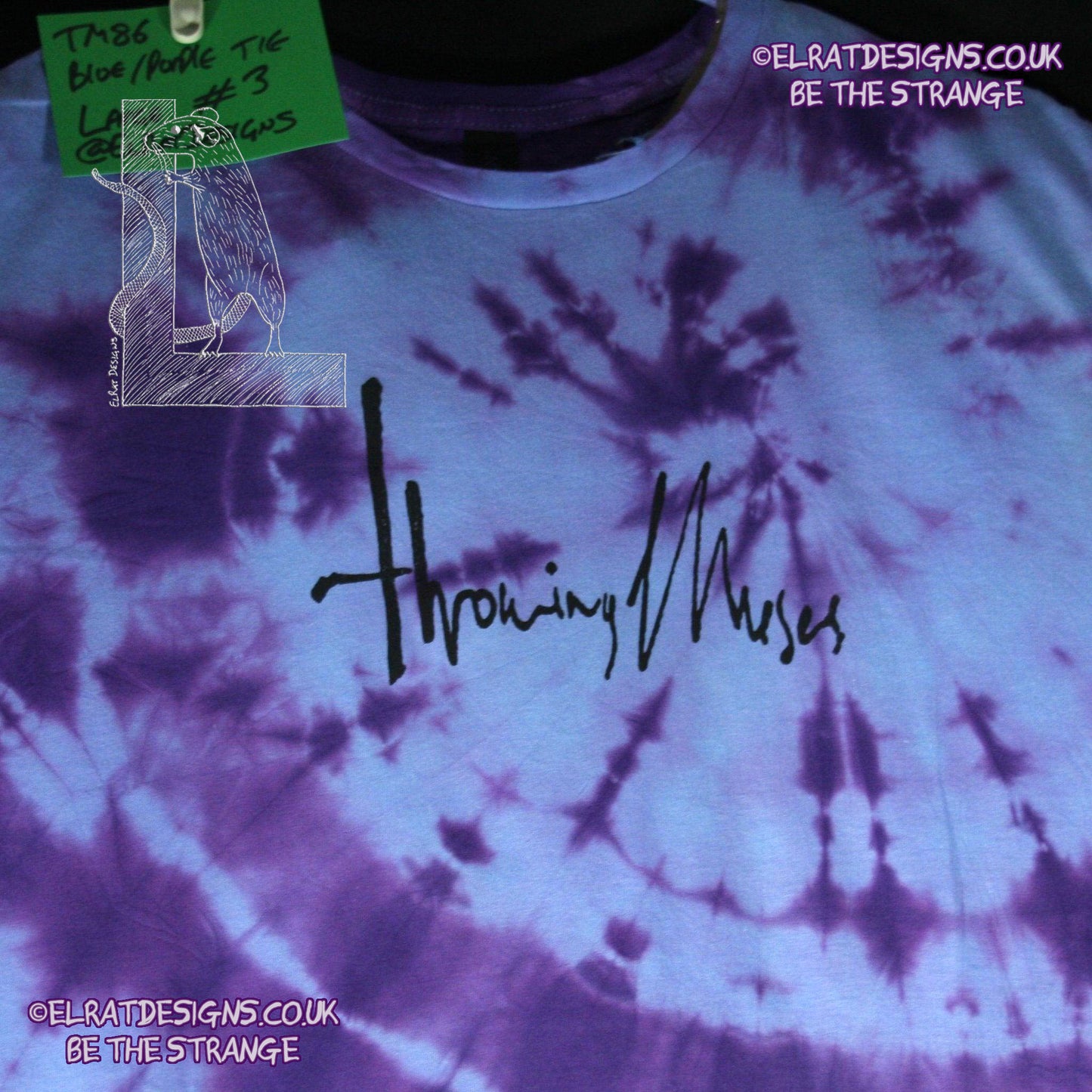 Misprint, Throwing Muses 1986 logo T-Shirt - ONE OFF Blue/Purple Tie-Dye cotton T-Shirt- Large #3 - ElRat Designs - elratdesigns.co.uk