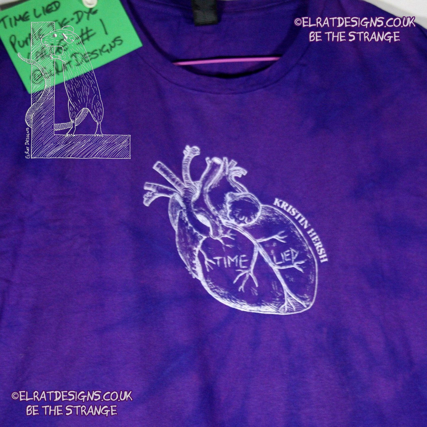 Misprint, Kristin Hersh, 'Time Lied' anatomical heart - ONE OFF Purple Tie-Dye cotton T-Shirt- Large #1 - ElRat Designs - elratdesigns.co.uk