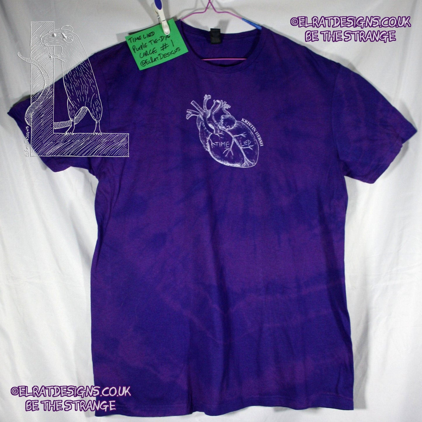 Misprint, Kristin Hersh, 'Time Lied' anatomical heart - ONE OFF Purple Tie-Dy cotton T-Shirt- Large #1 - ElRat Designs - elratdesigns.co.uk