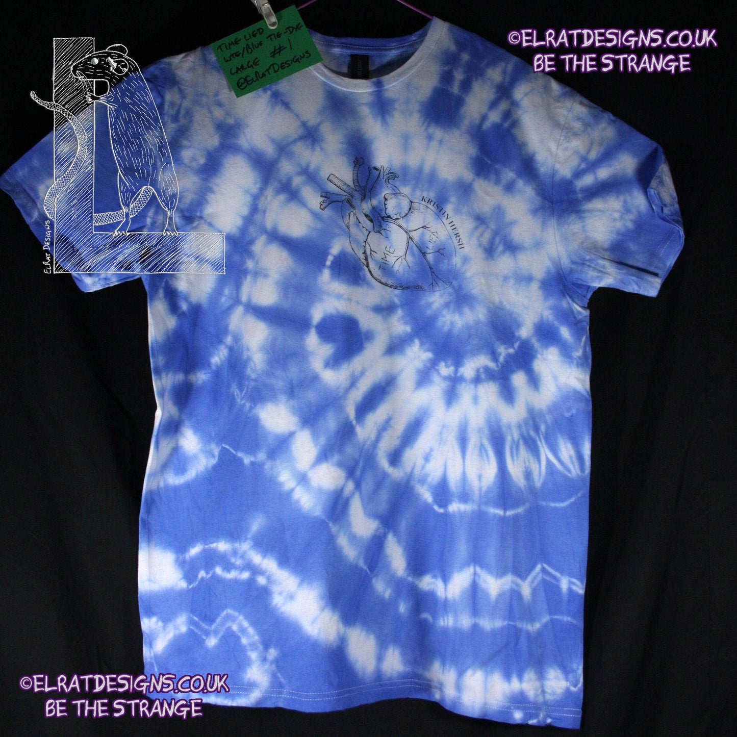 Misprint, Kristin Hersh, 'Time Lied' anatomical heart tee - ONE OFF White/Blue Tie - Dye cotton T-Shirt- Large #1 - ElRat Designs - elratdesigns.co.uk