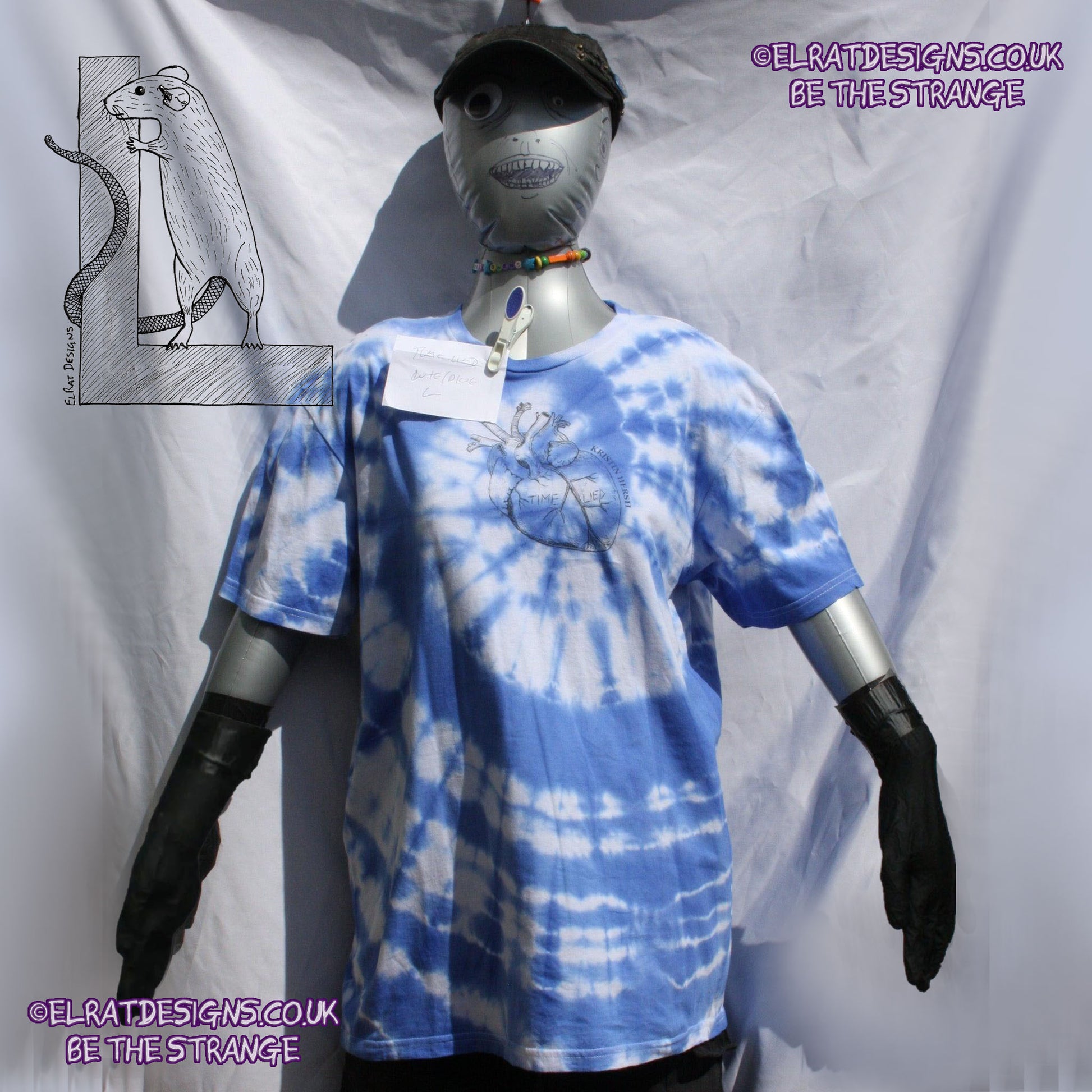 Misprint, Kristin Hersh, 'Time Lied' anatomical heart tee - ONE OFF White/Blue Tie - Dye cotton T-Shirt- Large #2 - ElRat Designs - elratdesigns.co.uk