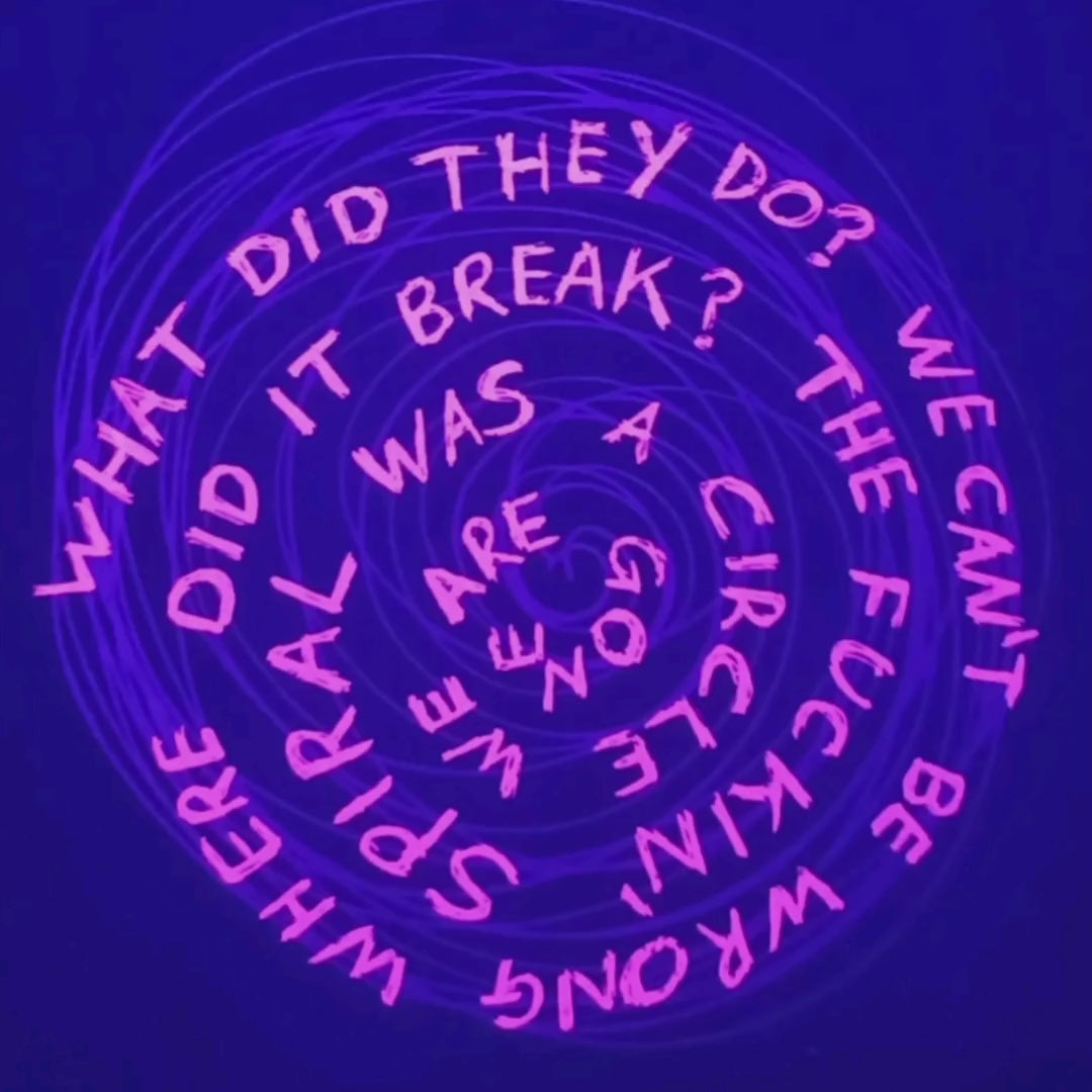 ElRatDesigns Promo Video - Throwing Muses, Snailhead, ElRat Original, hand drawn by ElRat, Red ink Spiral and Fluorescent red ink lettering. "What did they do? we can't be wrong where did it break? The F*n spiral was a circle we are gone" hand printed by ElRat Designs - hero - elratdesigns.co.uk
