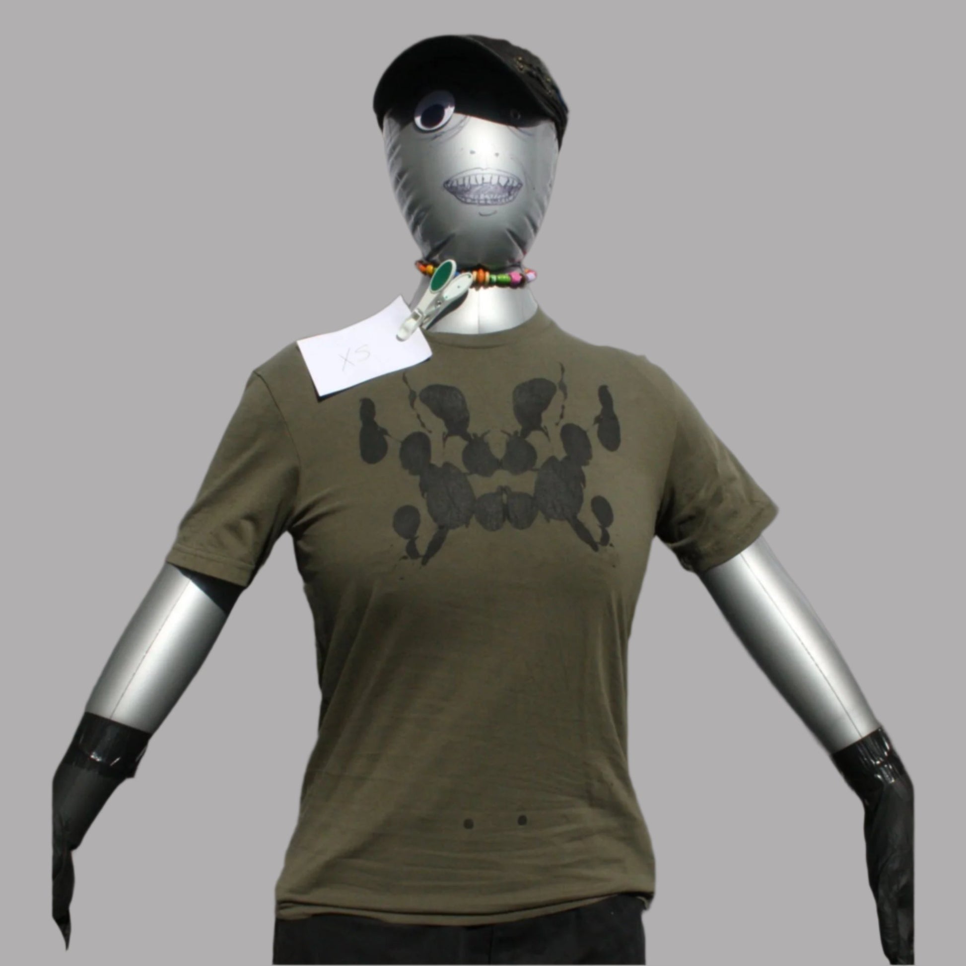 Rorschach, Khaki green cotton T-Shirt with Black ink blot  - XS #1 (RKhB B XS1)