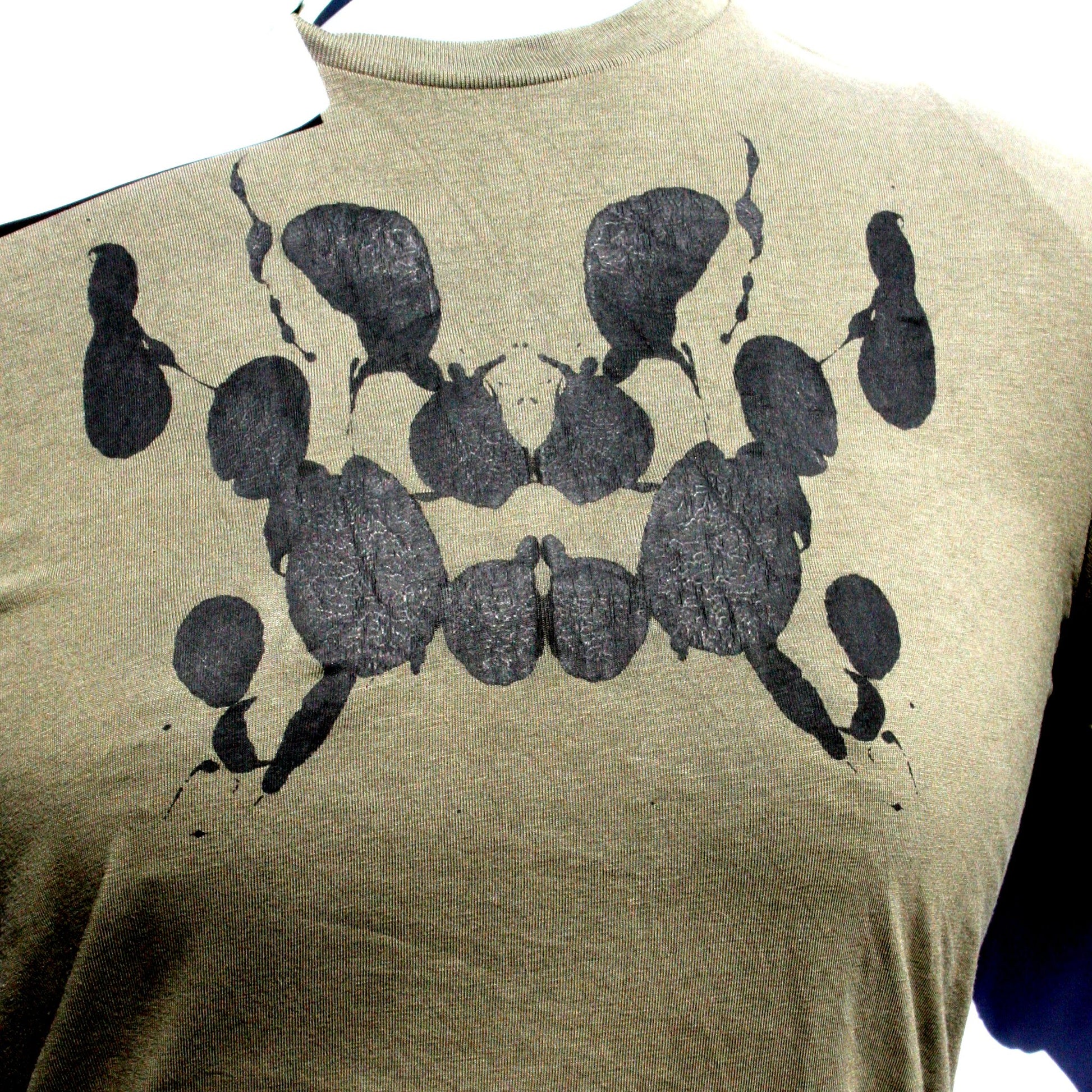 Rorschach, Khaki green cotton T-Shirt with Black ink blot  - XS #1 (RKhB B XS1)