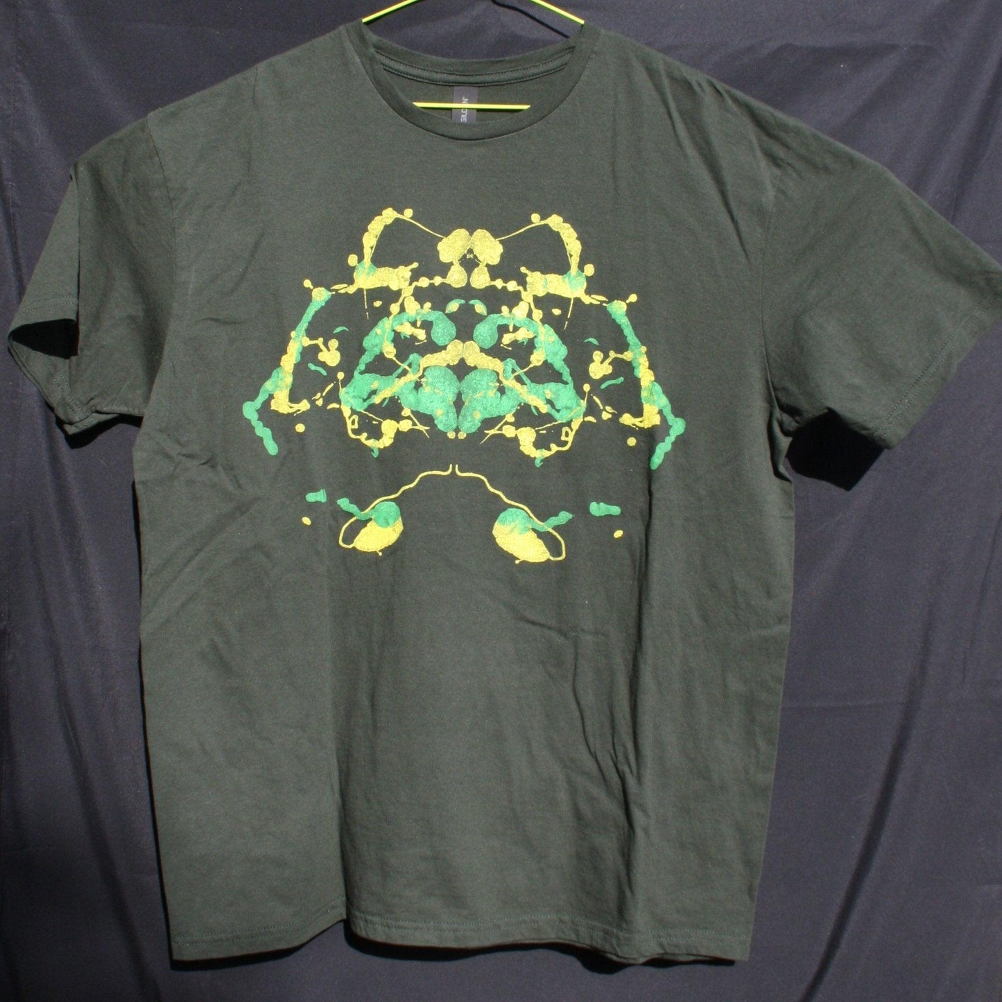 Rorschach, Forest Green cotton T-Shirt with Yellow & Green ink blot - XL #1 (RFG YG XL1) - ElRatDesigns - T Shirt