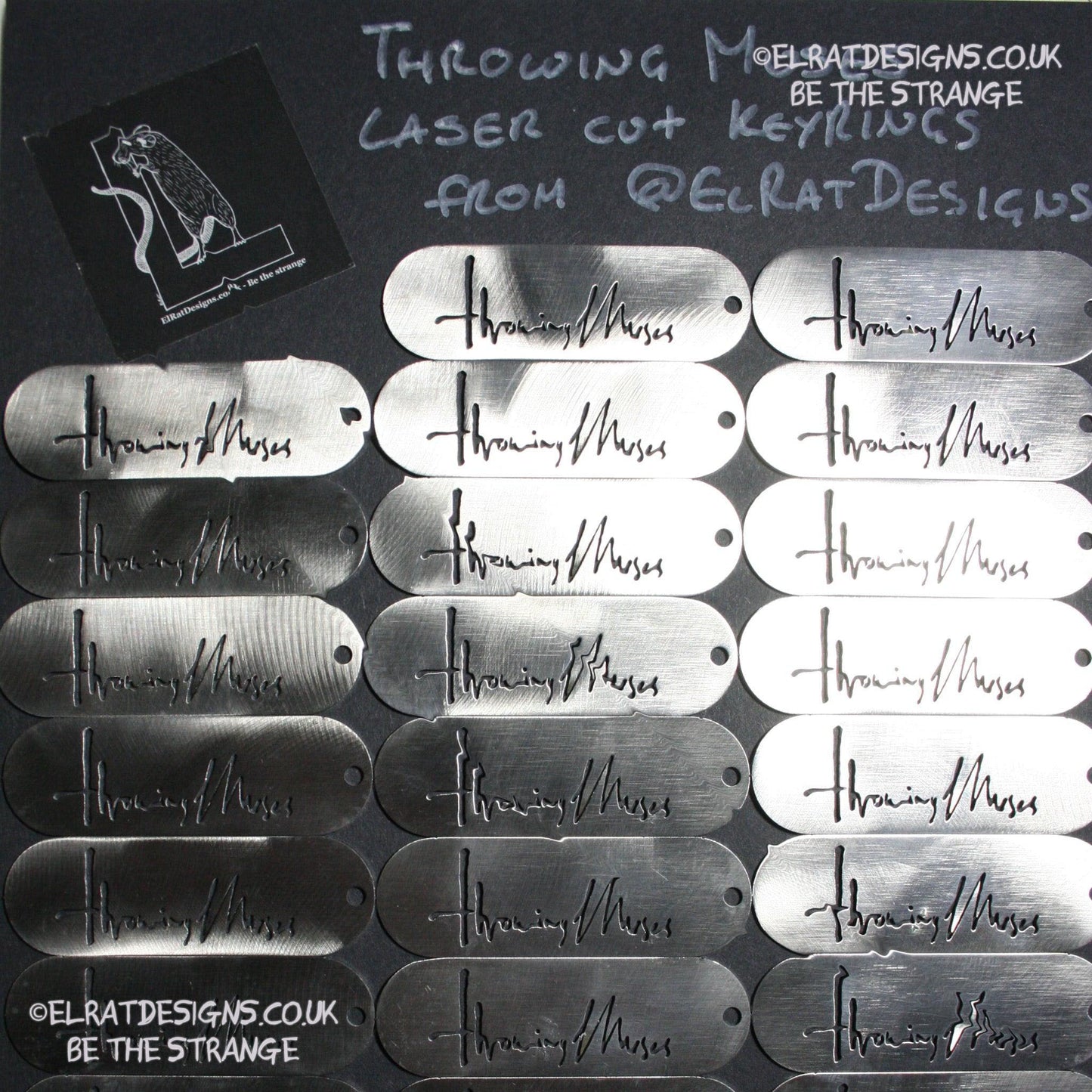 Throwing Muses 1986 logo CNC laser-cut stainless steel keyring, made in the UK from scrap for ElRat Designs - elratdesigns.co.uk