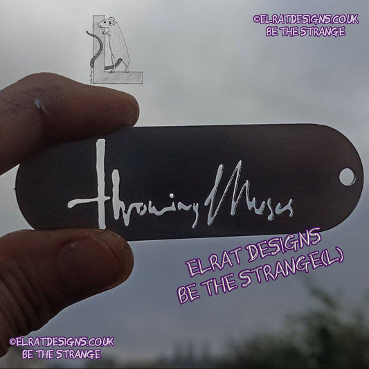 Throwing Muses 1986 logo CNC laser-cut stainless steel keyring, made in the UK from scrap for ElRat Designs - gallery-skip - elratdesigns.co.uk
