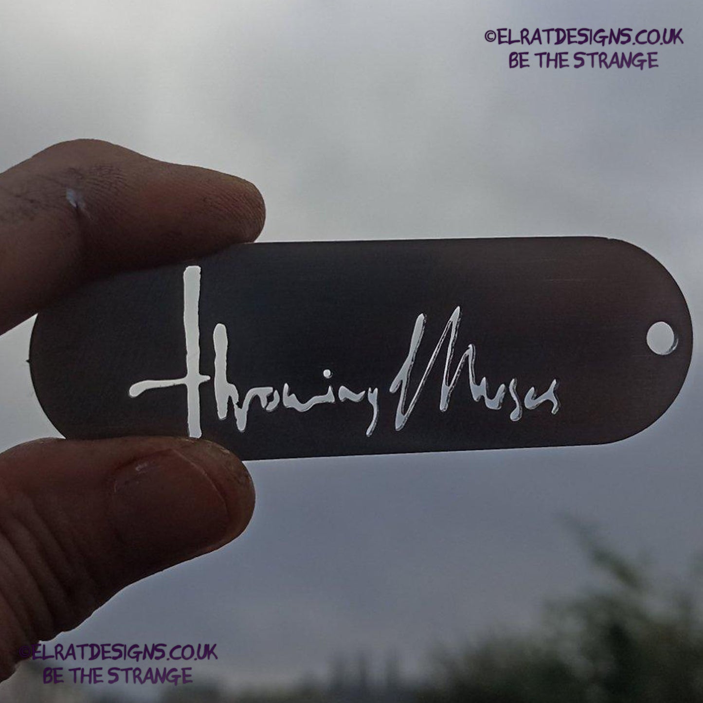 Throwing Muses 1986 logo CNC laser-cut stainless steel keyring, made in the UK from scrap for ElRat Designs - elratdesigns.co.uk