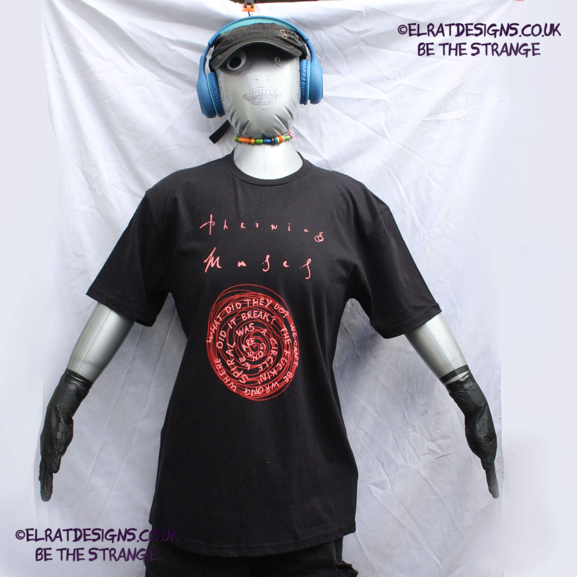 Throwing Muses, Snailhead, ElRat Original, hand drawn by ElRat, Red ink Spiral and Fluorescent red ink lettering. "What did they do? we can't be wrong where did it break? The F*n spiral was a circle we are gone" hand printed by ElRat Designs - hero - elratdesigns.co.uk