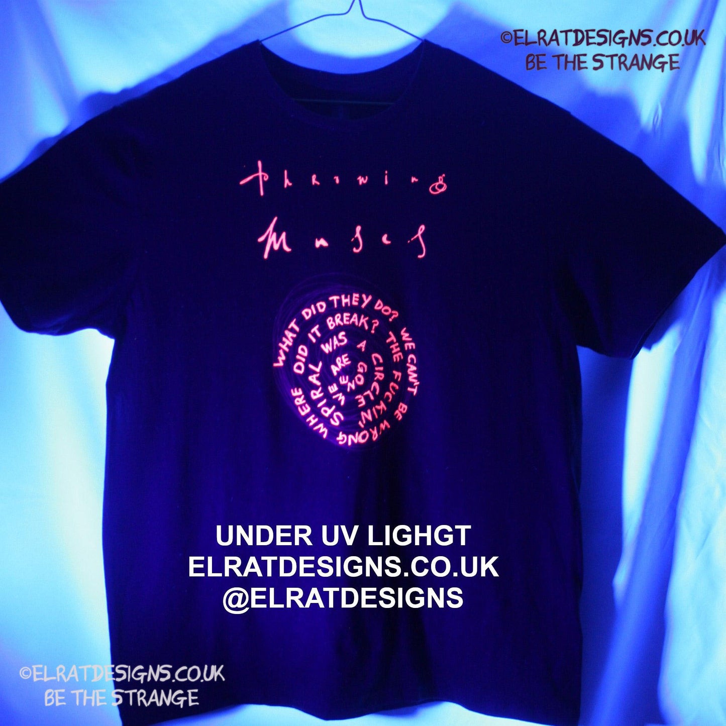 Throwing Muses, Snailhead, ElRat Original, hand drawn by ElRat, Red ink Spiral and Fluorescent red ink lettering. "What did they do? we can't be wrong where did it break? The F*n spiral was a circle we are gone" hand printed by ElRat Designs - hero - elratdesigns.co.uk