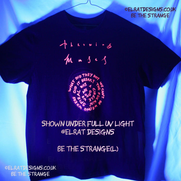Shown under full UV light Throwing Muses, Snailhead, ElRat Original, hand drawn by ElRat, Red ink Spiral and Fluorescent red ink lettering. "What did they do? we can't be wrong where did it break? The F*n spiral was a circle we are gone" hand printed by ElRat Designs - hero - elratdesigns.co.uk