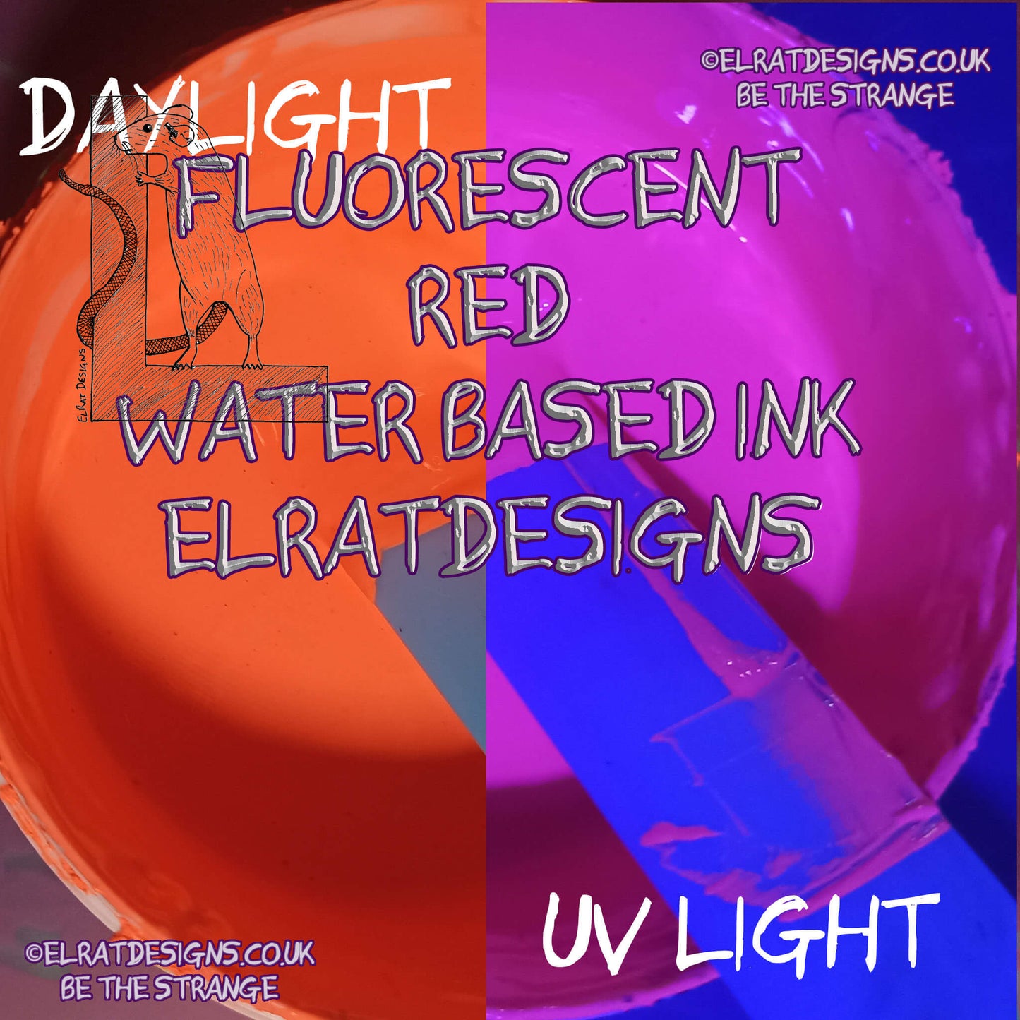 Fluorescent Red Eco Friendly, perfectly opaque water based ink - ElRat Designs - elratdesigns.co.uk